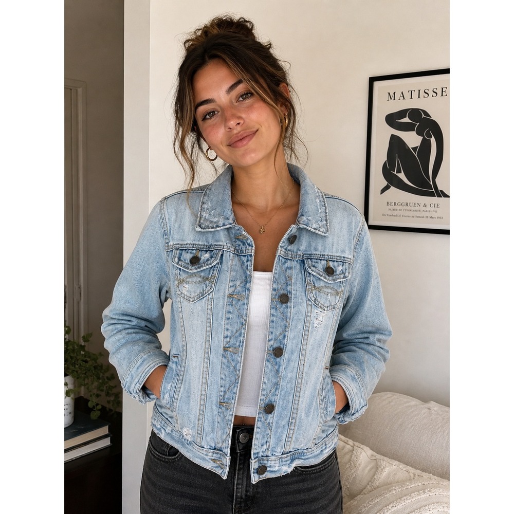 Abercrombie Fitch Denim Jacket Womens S Distressed Trucker VTG K2K Western Boho